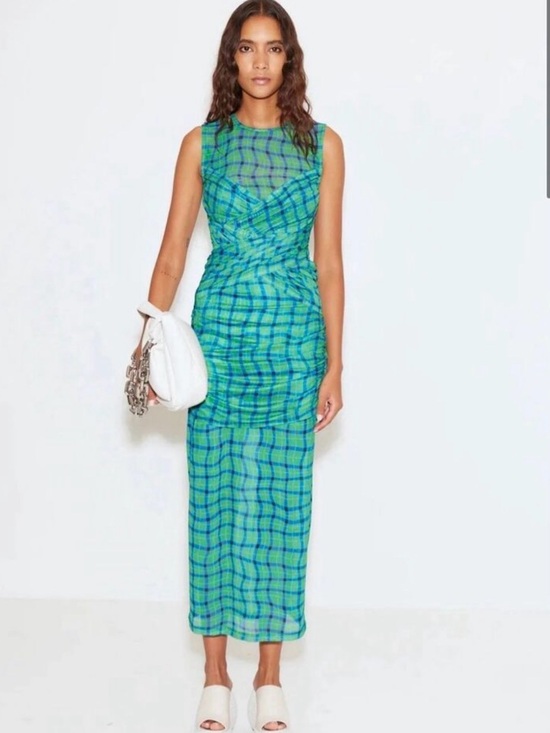 Simon Miller Dresses & Skirts - Simon Miller Kinny Ruched Plaid Mesh Midi Dress Anthropologie Green Blue- Size L